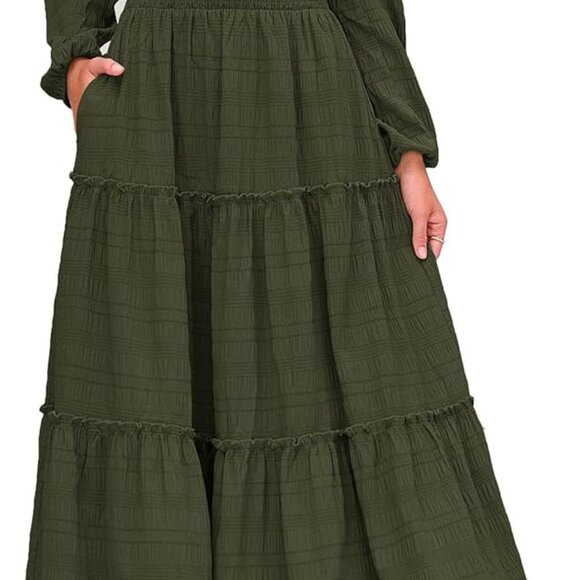 Women's Maxi Dress Casual Long Sleeve V Neck Smocked Waist Flowy Evening - Picture 1 of 8